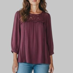 Figueroa & Flower Womens Maroon Guaze Lace Yoke Peasant Blouse Lined Office L